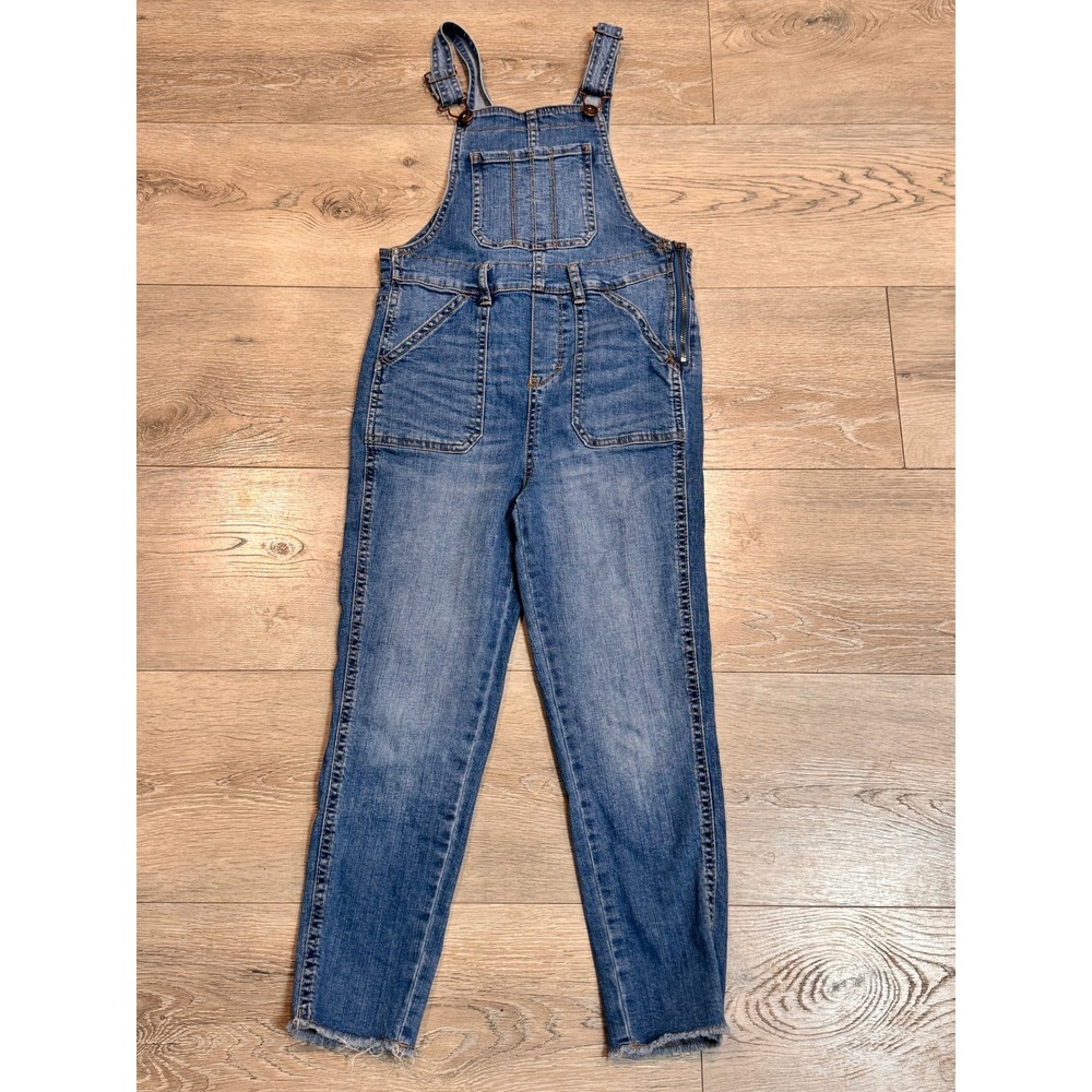 OshKosh B'gosh Girls Denim Overalls Blue Jeans Size 8 Adjustable Straps Raw Hem